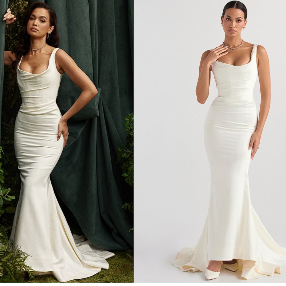 HOUSE OF CB 'Emilie' Off White Satin Mermaid Bridal Gown NWOT - Picture 4 of 16